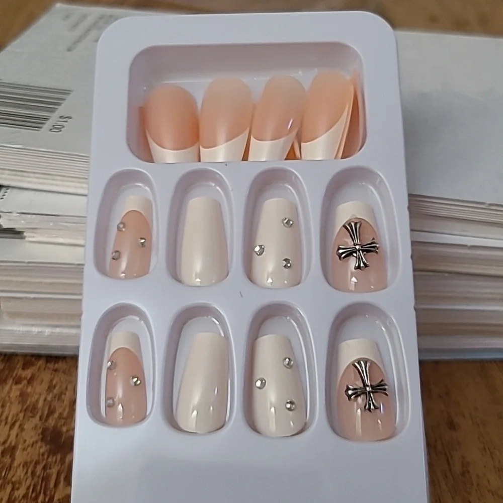 2/$16 Rhinestone Cross French Manicure Press on Nails